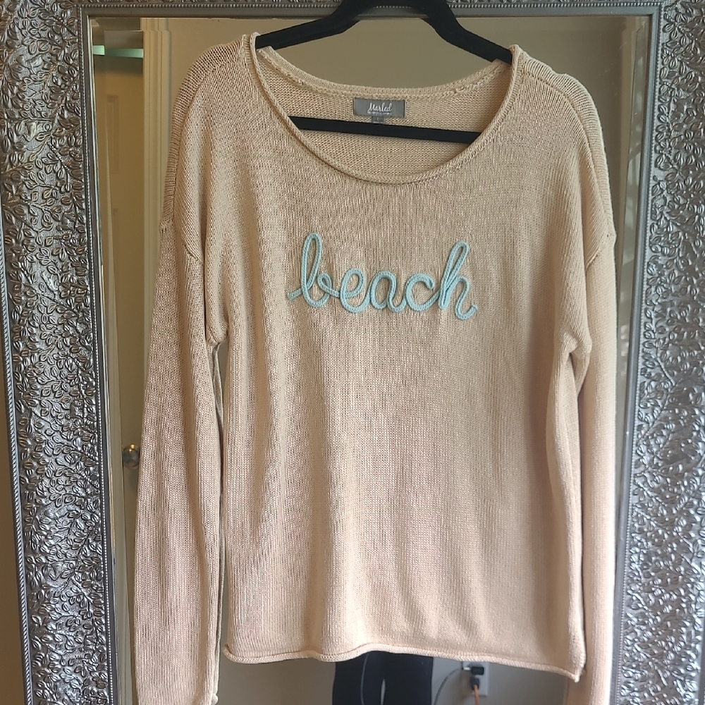 Marled Cream Knit Scoop Neck Sweater with Aqua "beach" Script